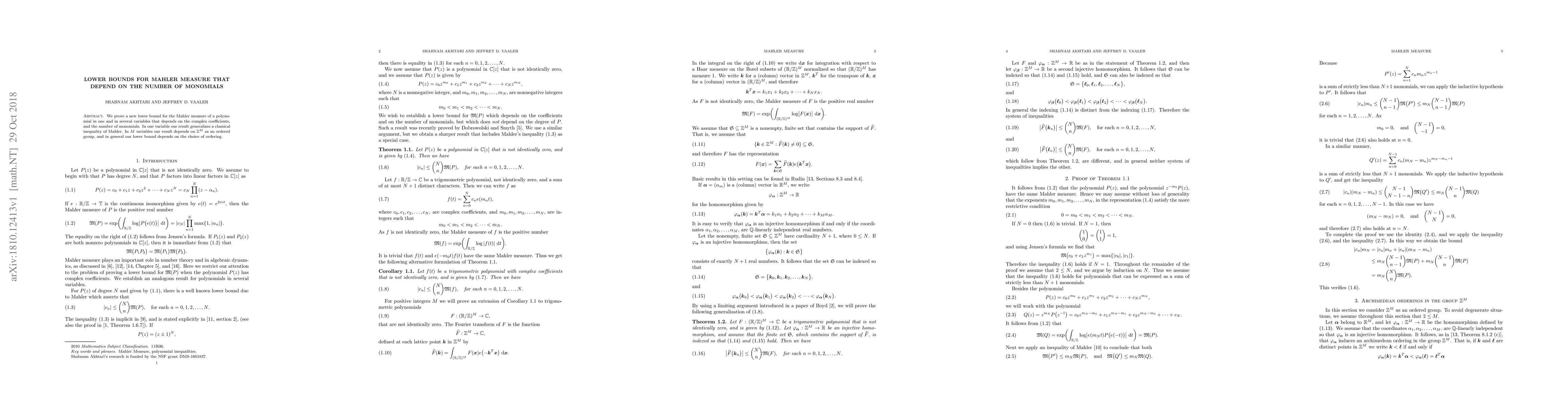 Thumbnail for Lower bounds for Mahler measure that depend on the number of monomials