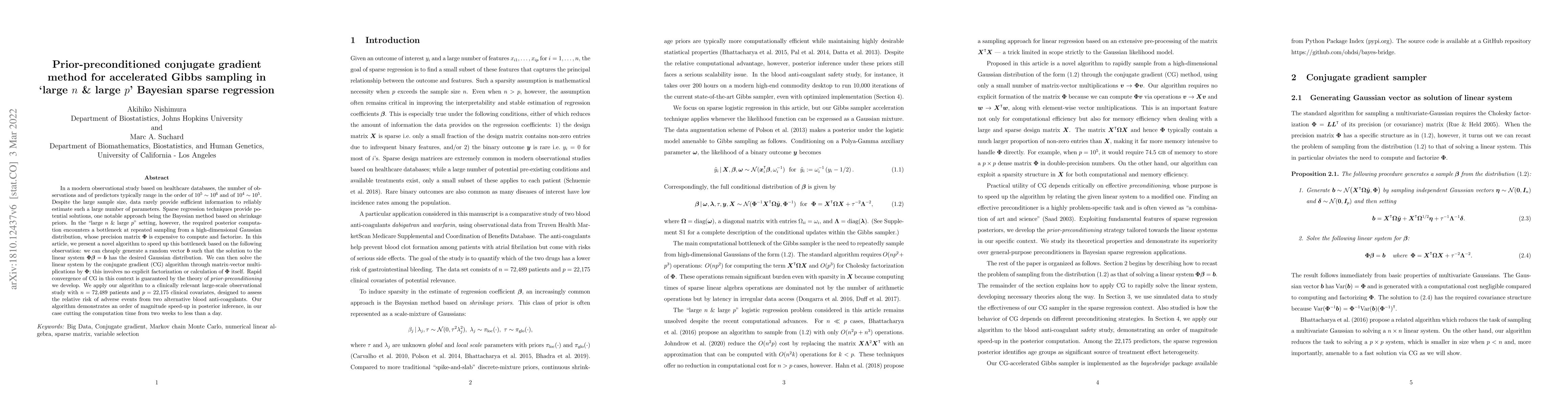 Thumbnail for Prior-preconditioned conjugate gradient method for accelerated Gibbs
  sampling in "large $n$ & large $p$" Bayesian sparse regression