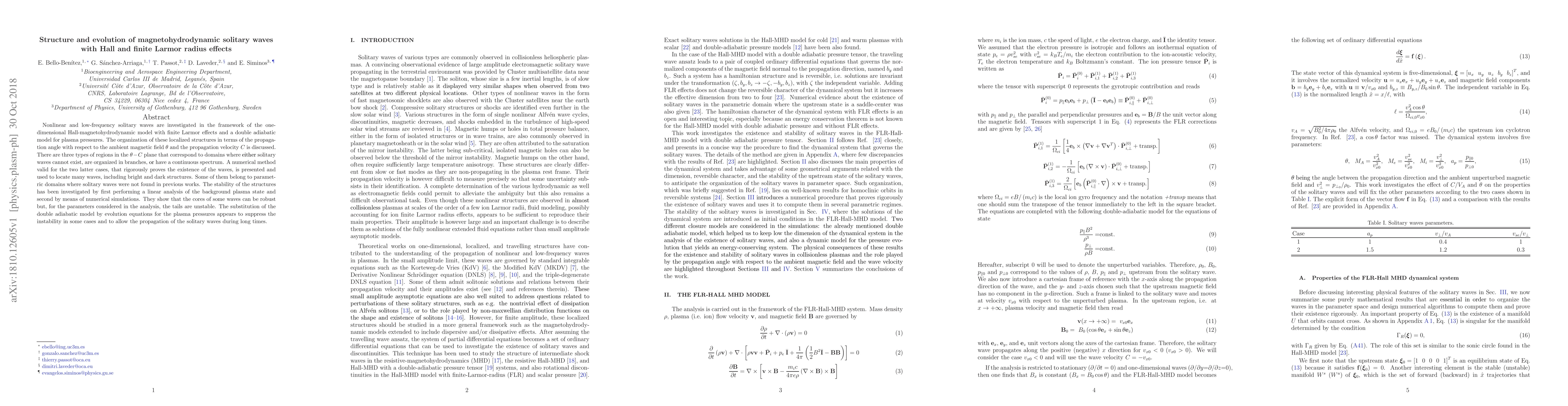 Thumbnail for Structure and evolution of magnetohydrodynamic solitary waves with Hall
  and finite Larmor radius effects