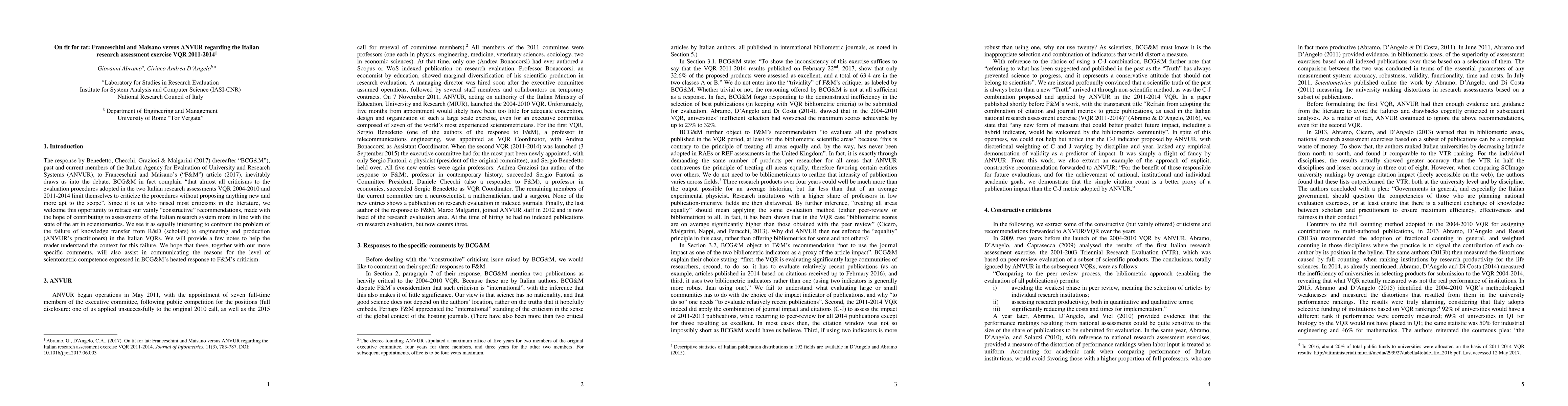 Thumbnail for On tit for tat: Franceschini and Maisano versus ANVUR regarding the
  Italian research assessment exercise VQR 2011-2014