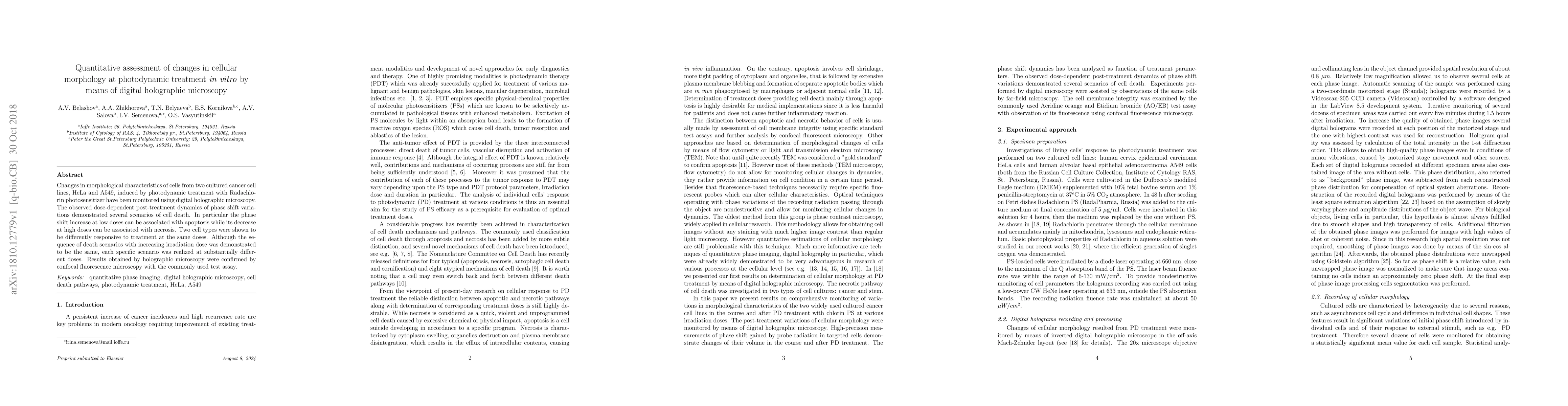Thumbnail for Quantitative assessment of changes in cellular morphology at
  photodynamic treatment in vitro by means of digital holographic microscopy