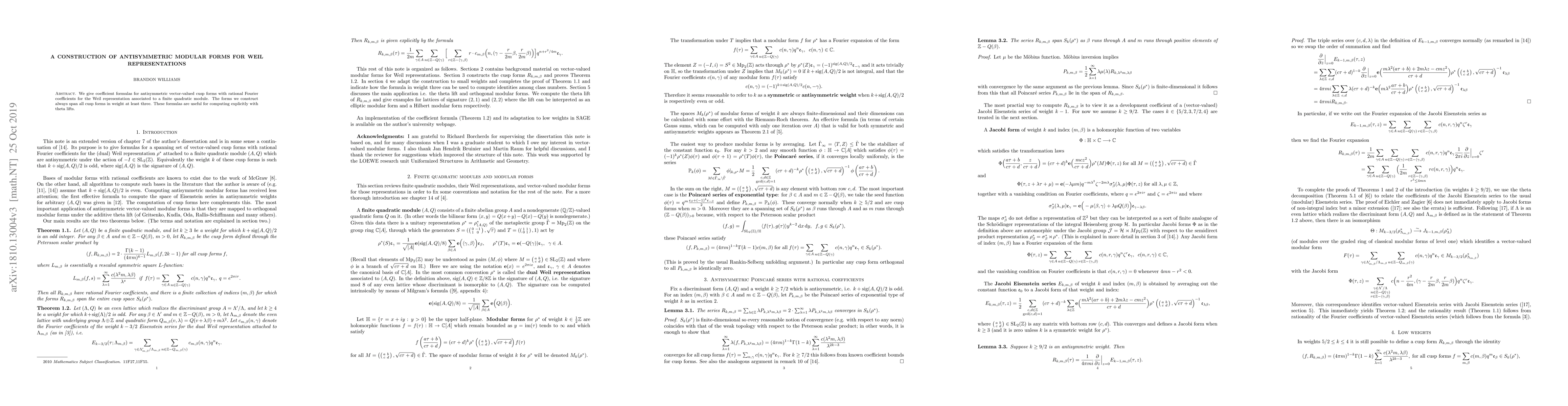 Thumbnail for A construction of antisymmetric modular forms for Weil representations