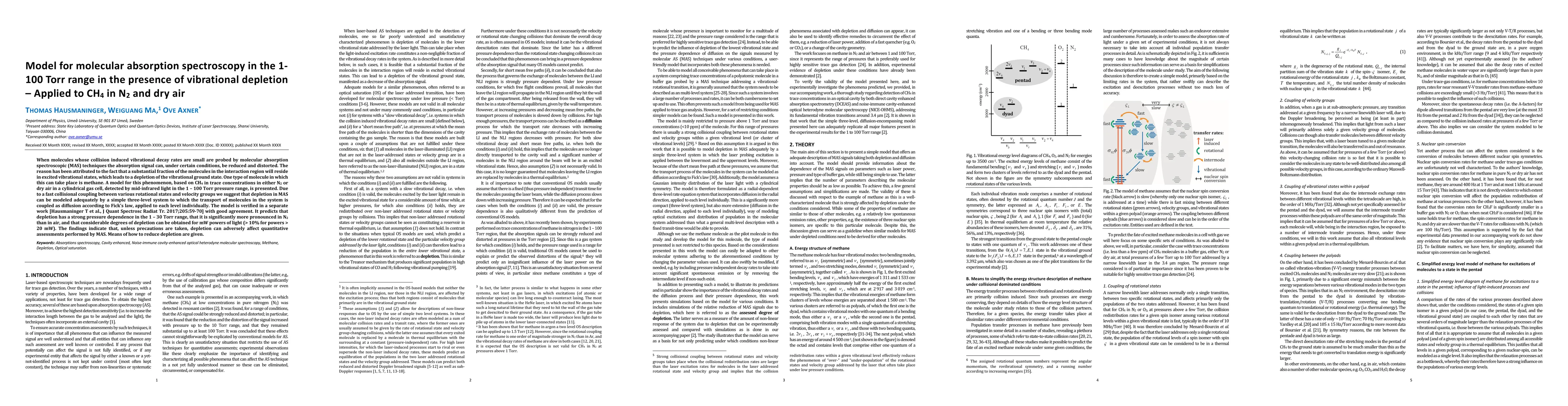 Thumbnail for Model for molecular absorption spectroscopy in the 1-100 Torr range in
  the presence of vibrational depletion - Applied to $\text{CH}_4$ in
  $\text{N}_2$ and dry air