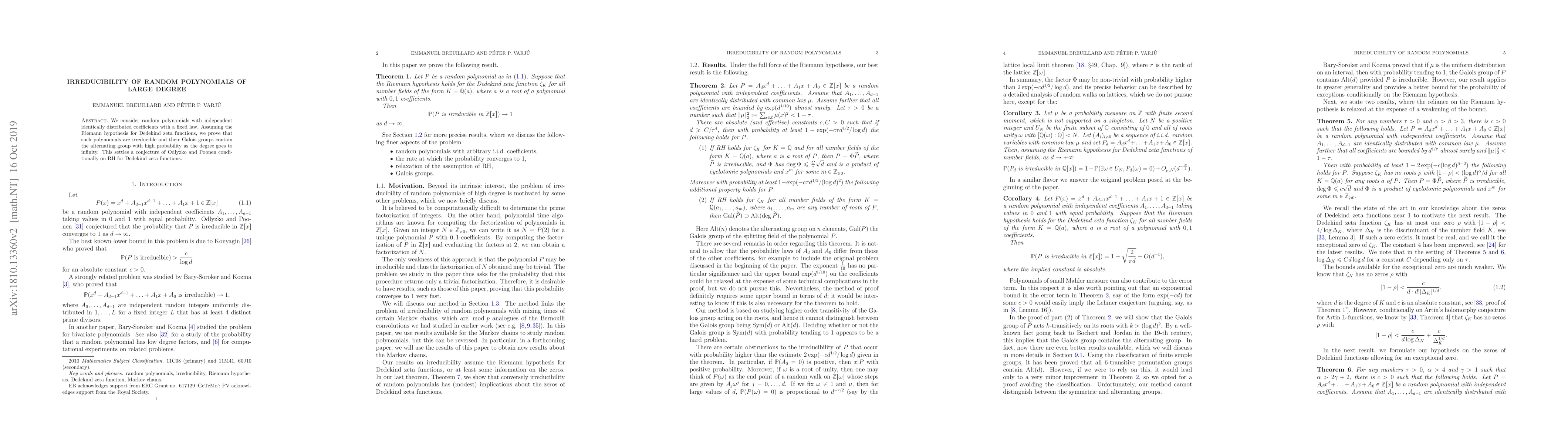 Thumbnail for Irreducibility of random polynomials of large degree