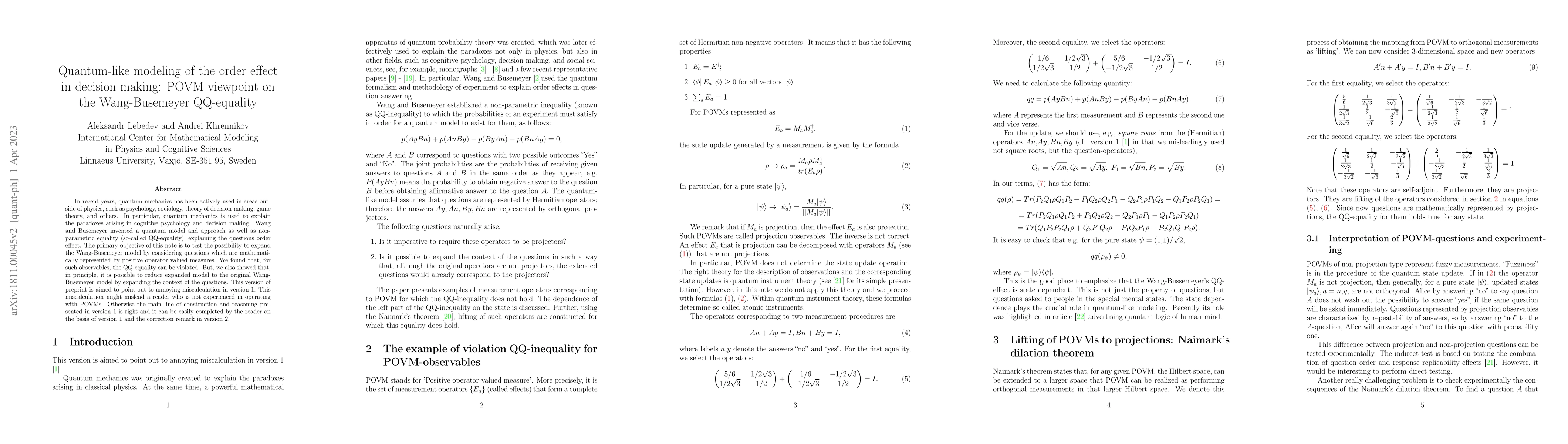 Thumbnail for Quantum-like modeling of the order effect in decision making: POVM
  viewpoint on the Wang-Busemeyer QQ-equality