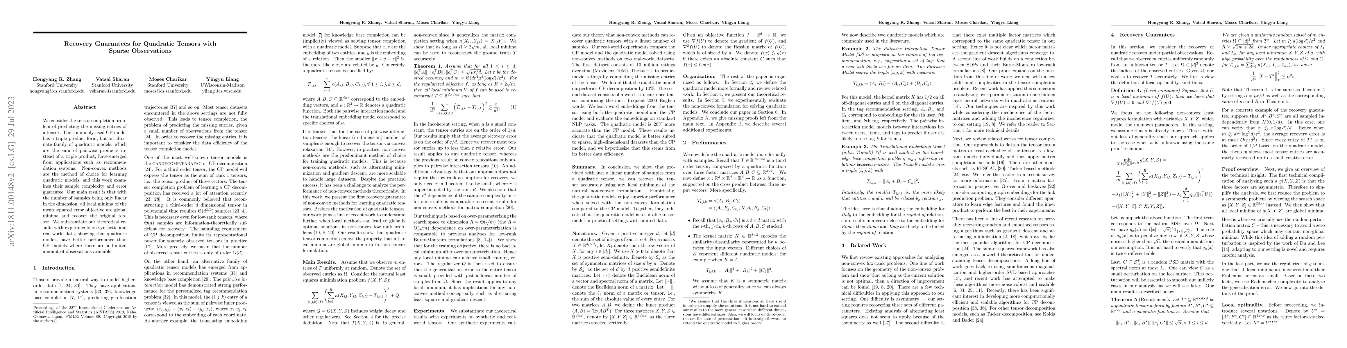 Thumbnail for Recovery Guarantees for Quadratic Tensors with Sparse Observations