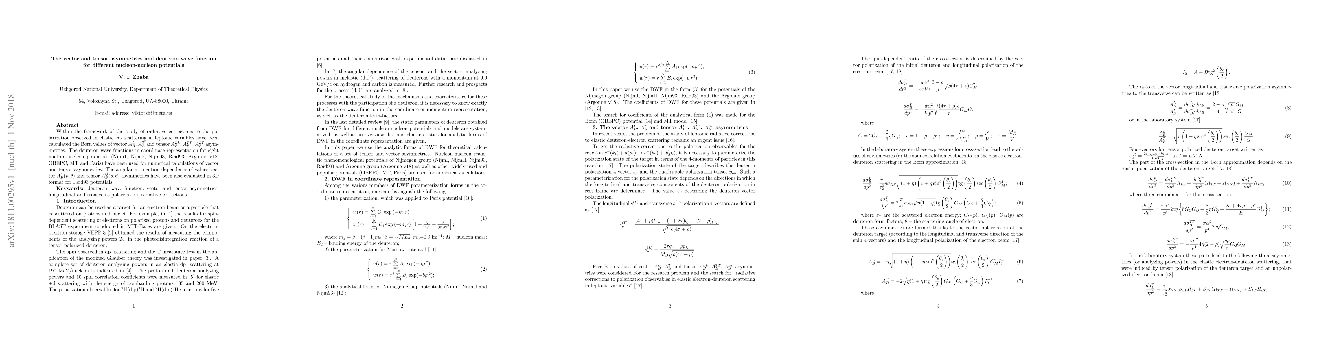Thumbnail for The vector and tensor asymmetries and deuteron wave function for
  different nucleon-nucleon potentials