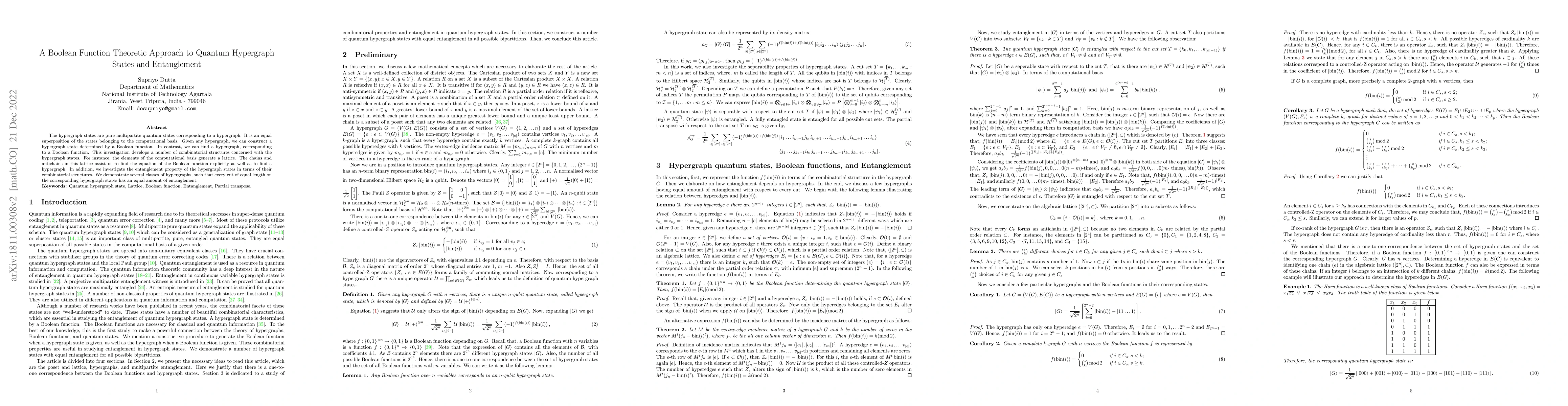 Thumbnail for A Boolean Functions Theoretic Approach to Quantum Hypergraph States and
  Entanglement