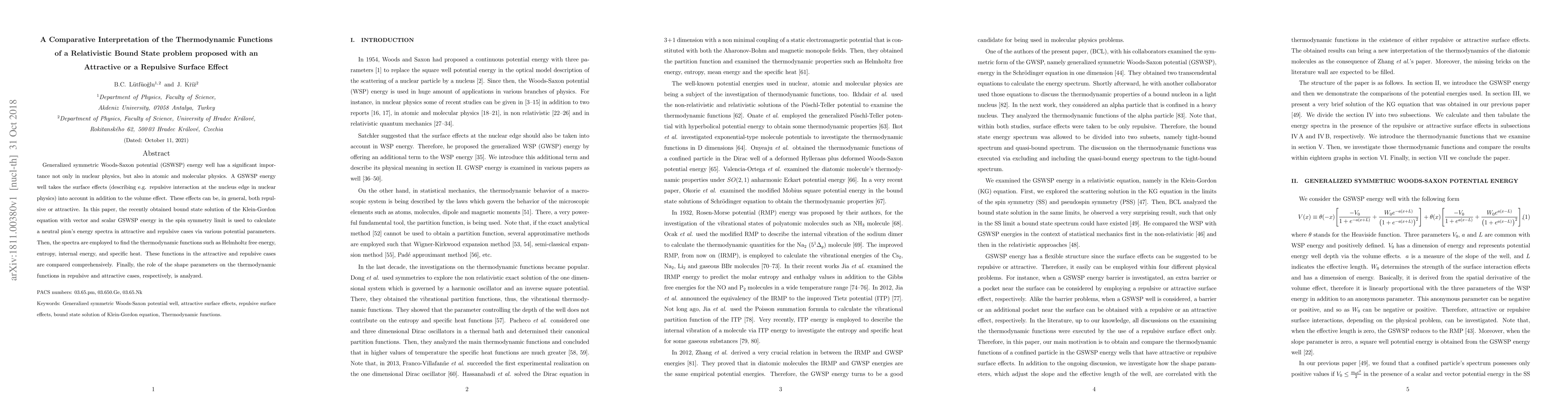 Thumbnail for A Comparative Interpretation of the Thermodynamic Functions of a
  Relativistic Bound State problem proposed with an Attractive or a Repulsive
  Surface Effect