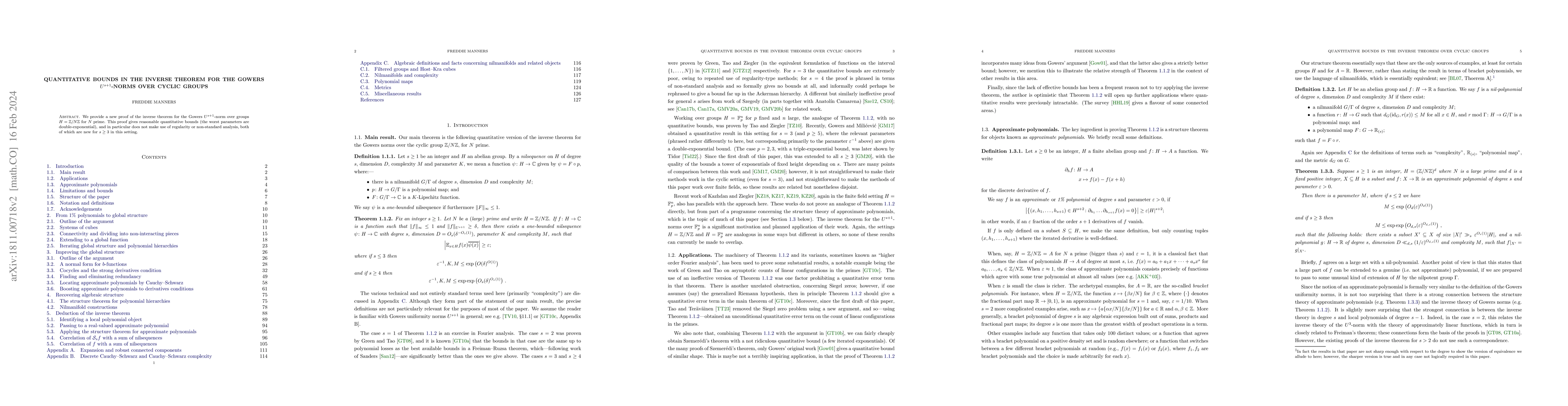 Thumbnail for Quantitative bounds in the inverse theorem for the Gowers
  $U^{s+1}$-norms over cyclic groups