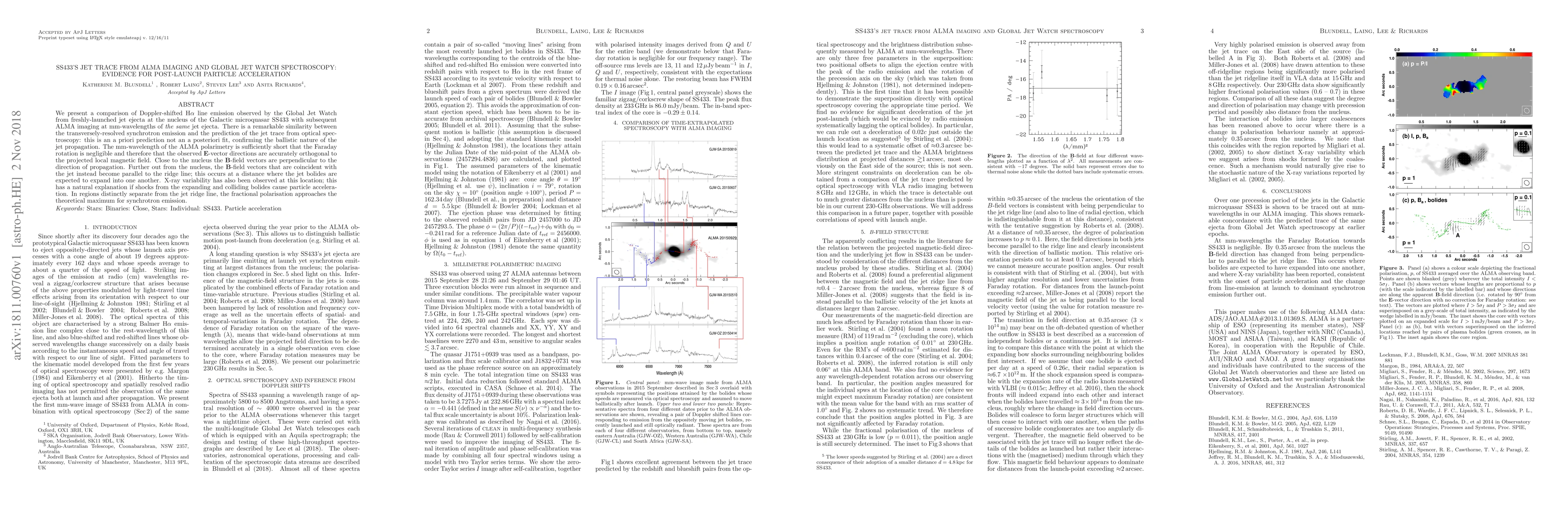 Thumbnail for SS433's jet trace from ALMA imaging and Global Jet Watch spectroscopy:
  evidence for post-launch particle acceleration