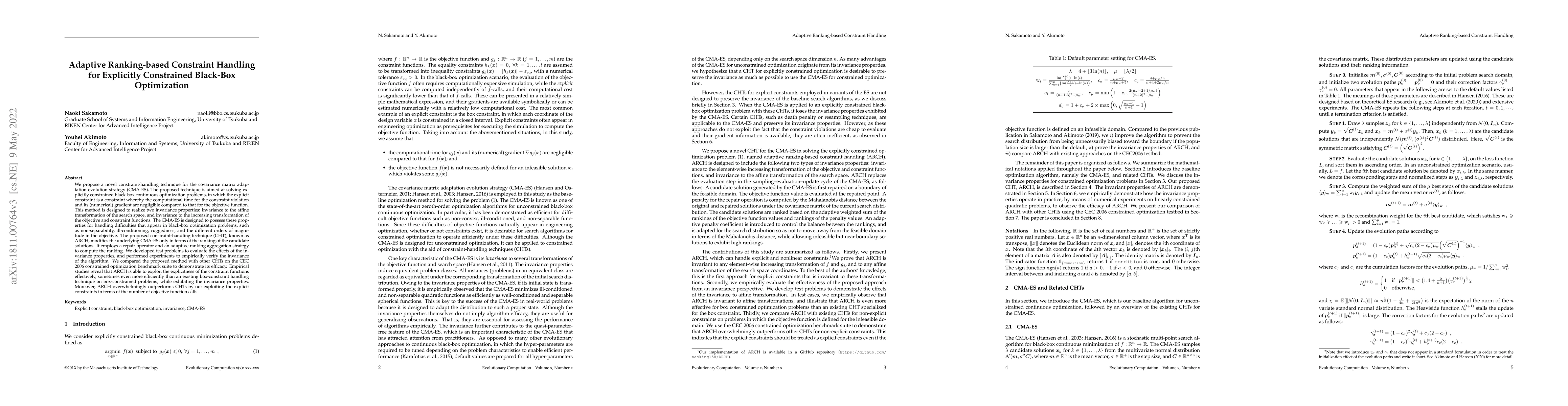 Thumbnail for Adaptive Ranking Based Constraint Handling for Explicitly Constrained
  Black-Box Optimization