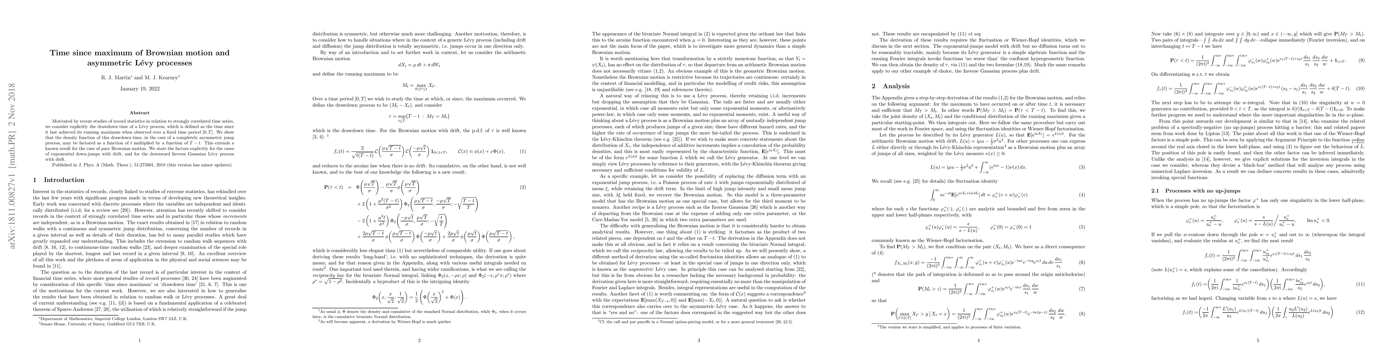Thumbnail for Time since maximum of Brownian motion and asymmetric Levy processes