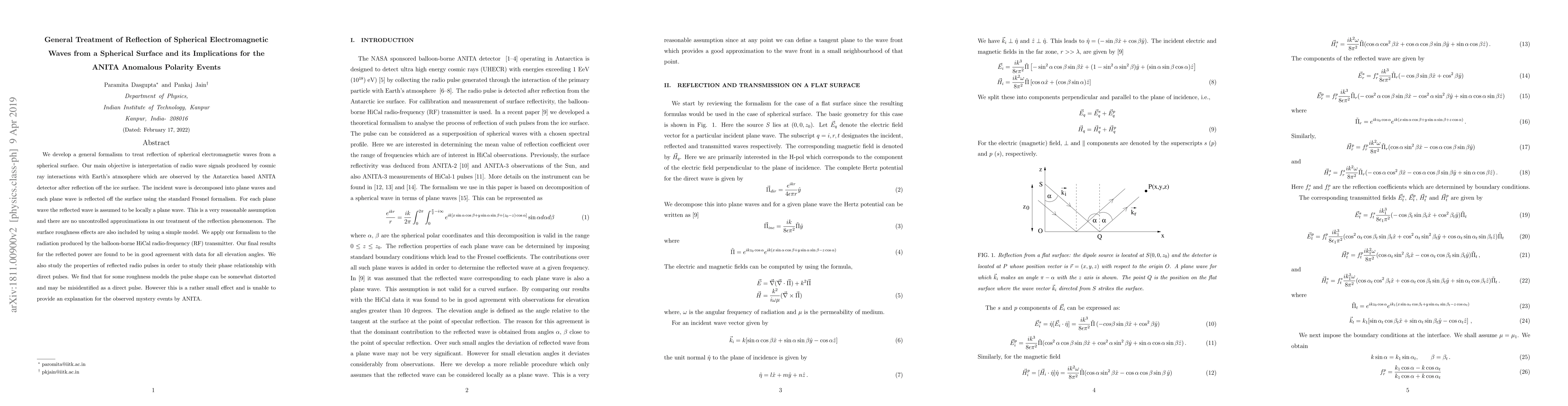 Thumbnail for General Treatment of Reflection of Spherical Electromagnetic Waves from
  a Spherical Surface and its Implications for the ANITA Anomalous Polarity
  Events