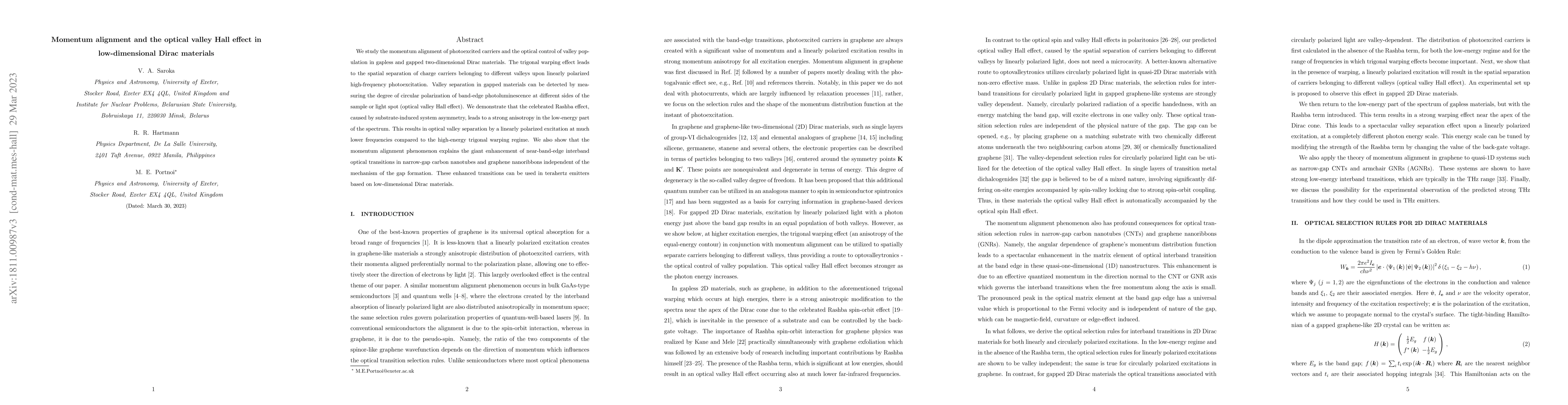 Thumbnail for Momentum alignment and the optical valley Hall effect in low-dimensional
  Dirac materials