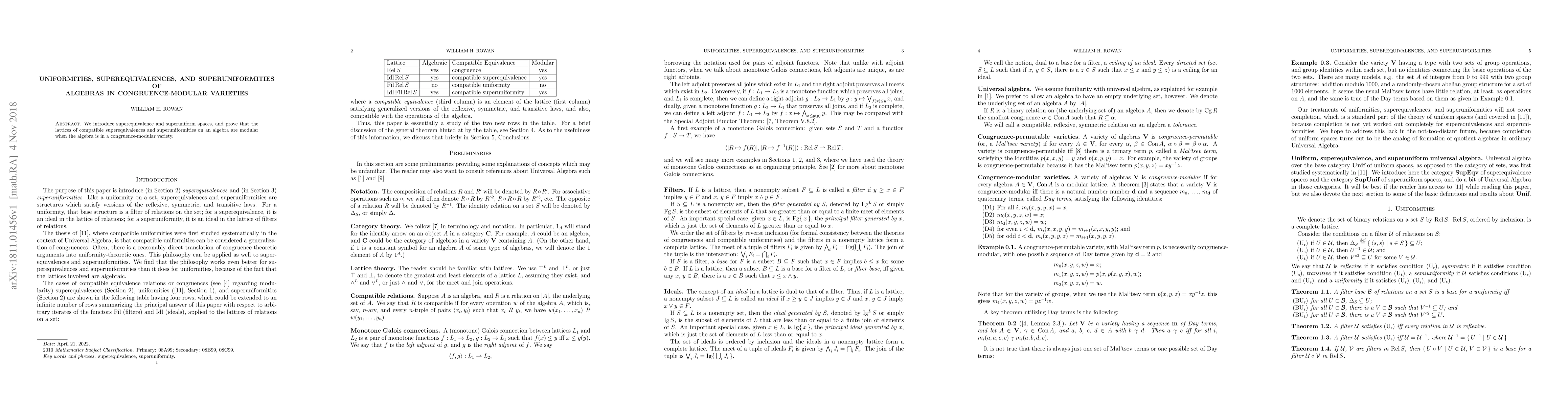 Thumbnail for Uniformities, Superequivalences, and Superuniformities of Algebras in
  Congruence-Modular Varieties