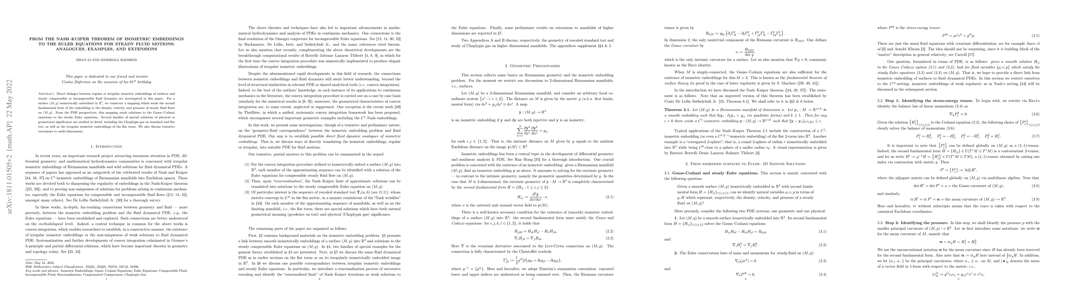 Thumbnail for From the Nash--Kuiper Theorem of Isometric Embeddings to the Euler
  Equations for Steady Fluid Motions: Analogues, Examples, and Extensions