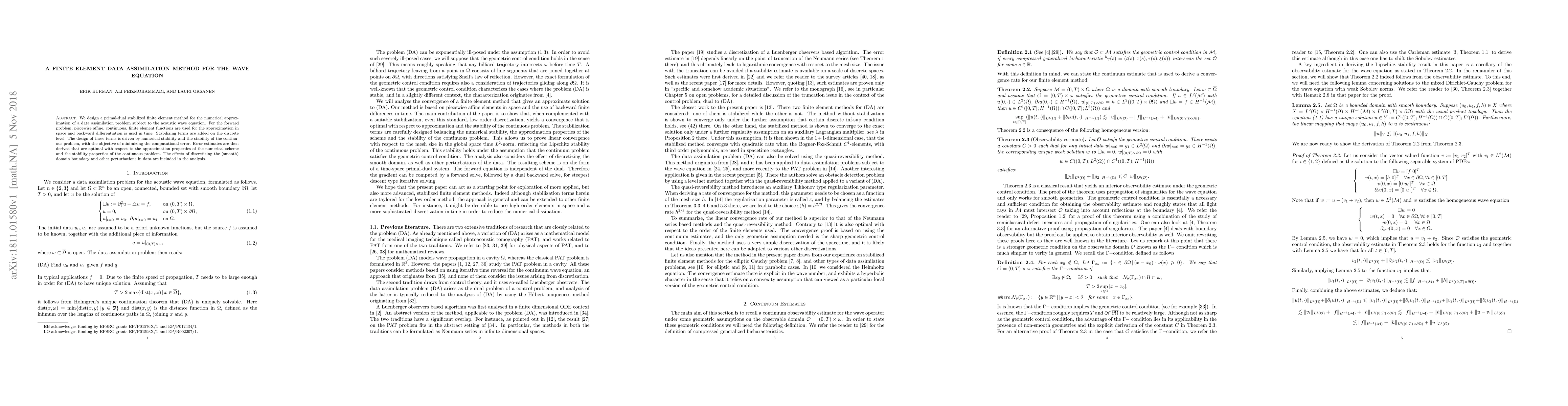 Thumbnail for A finite element data assimilation method for the wave equation