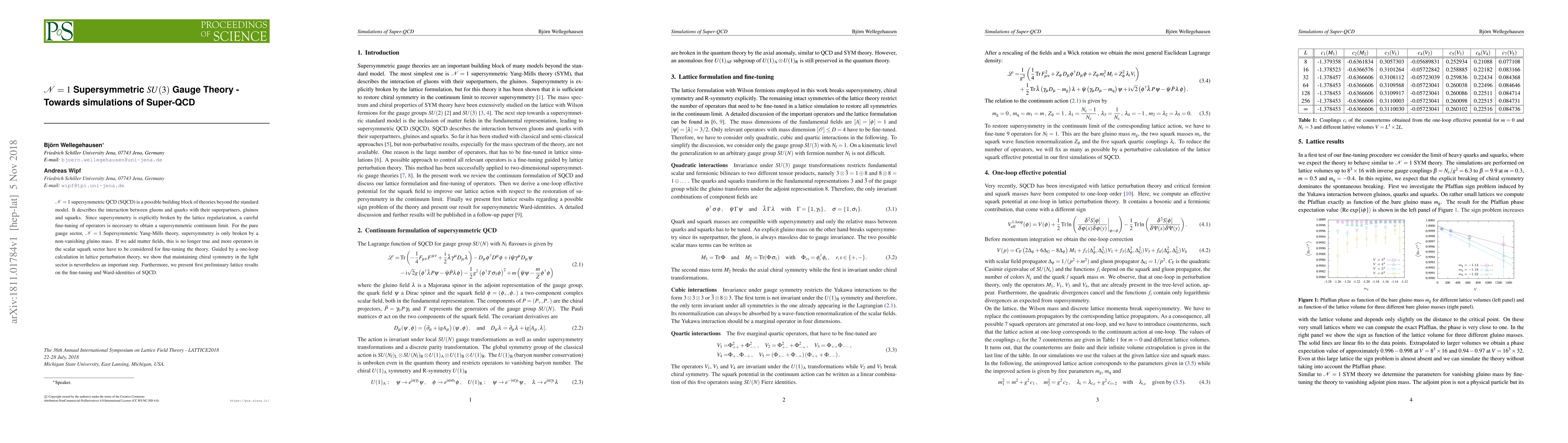 Thumbnail for $\mathcal{N}=1$ Supersymmetric $SU(3)$ Gauge Theory - Towards
  simulations of Super-QCD