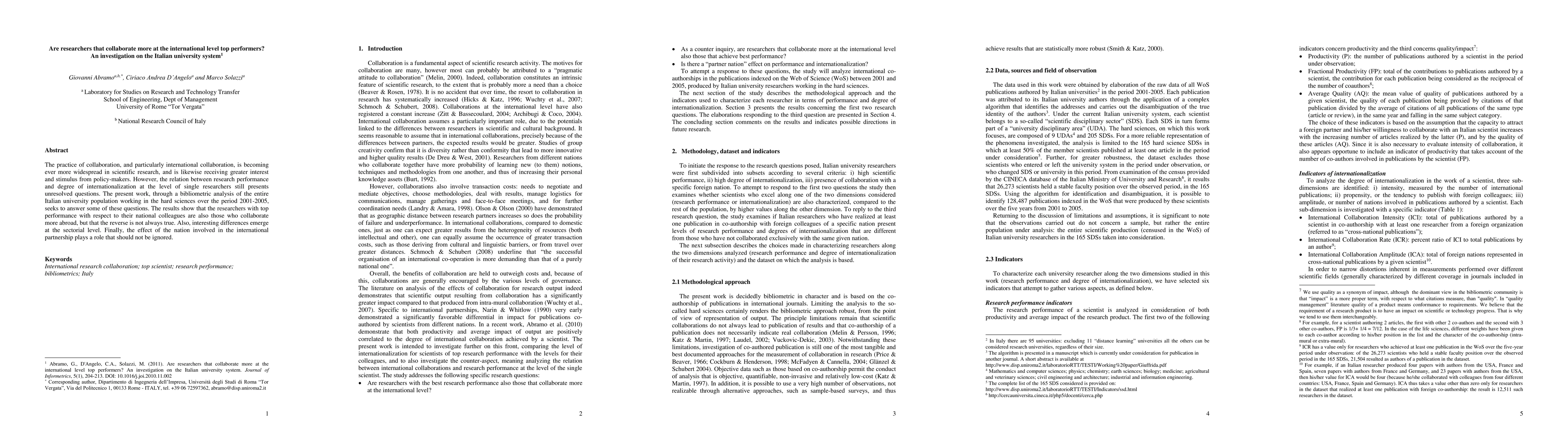 Thumbnail for Are researchers that collaborate more at the international level top
  performers? An investigation on the Italian university system