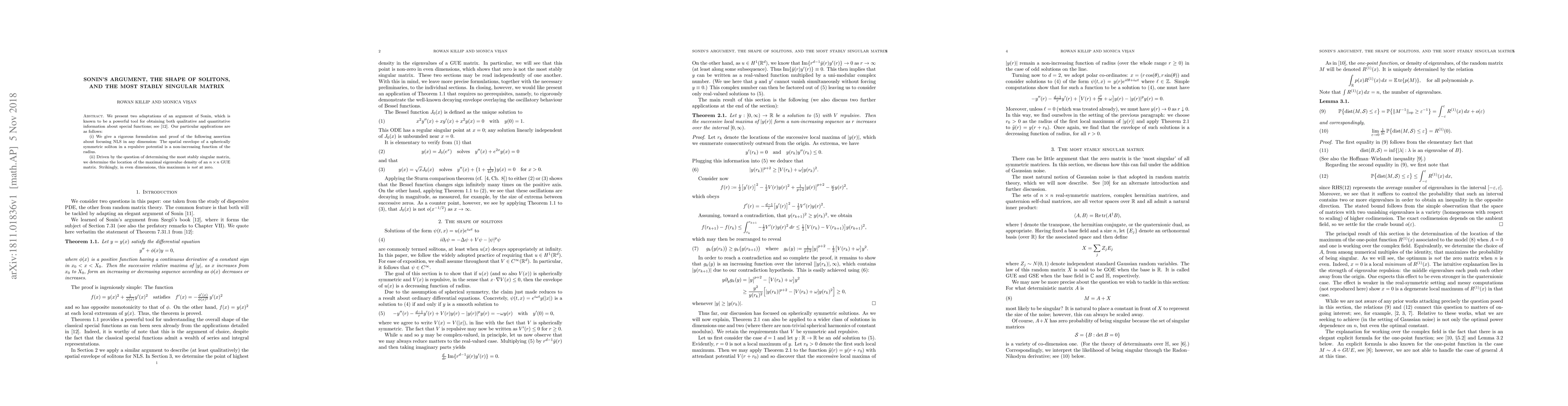 Thumbnail for Sonin's argument, the shape of solitons, and the most stably singular
  matrix