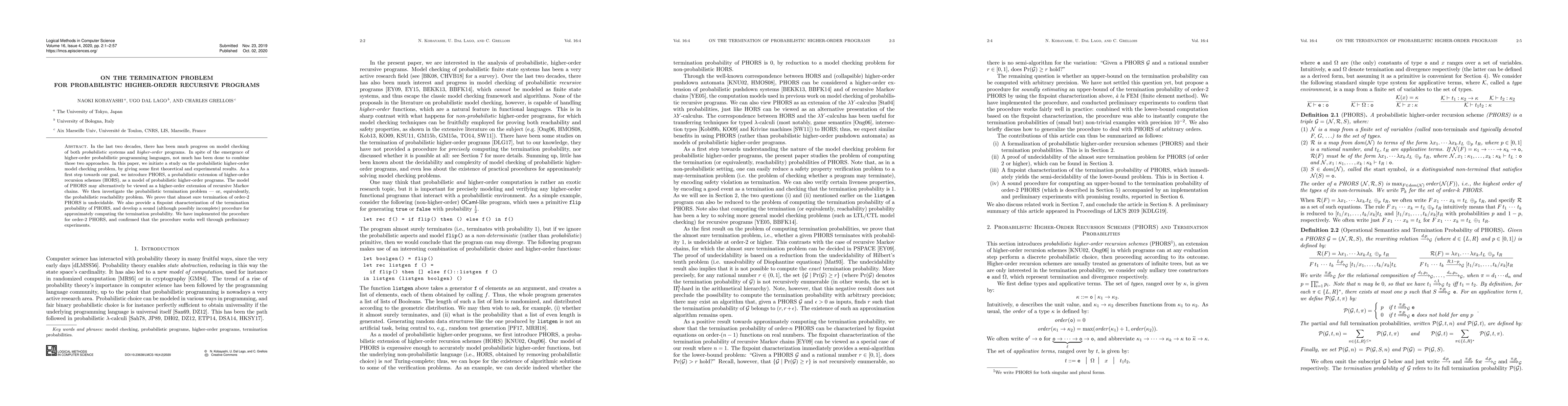 Thumbnail for On the Termination Problem for Probabilistic Higher-Order Recursive
  Programs