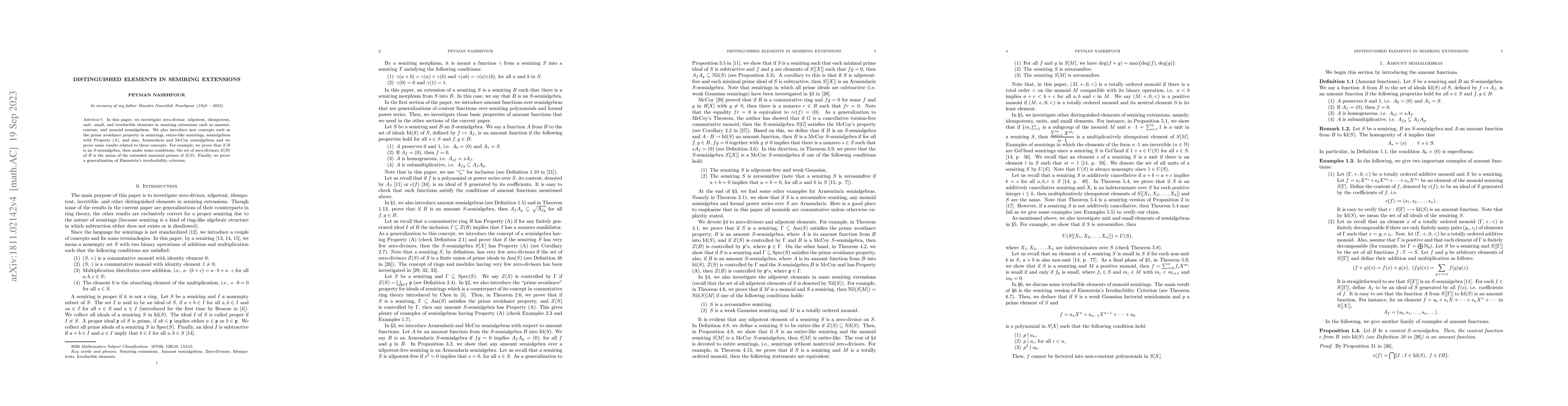 Thumbnail for Distinguished elements in semiring extensions