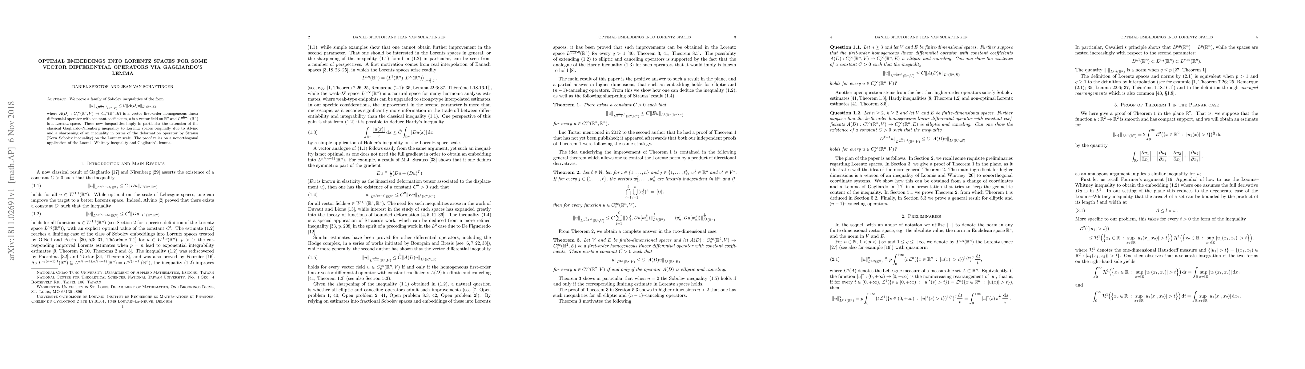 Thumbnail for Optimal embeddings into Lorentz spaces for some vector differential
  operators via Gagliardo's lemma