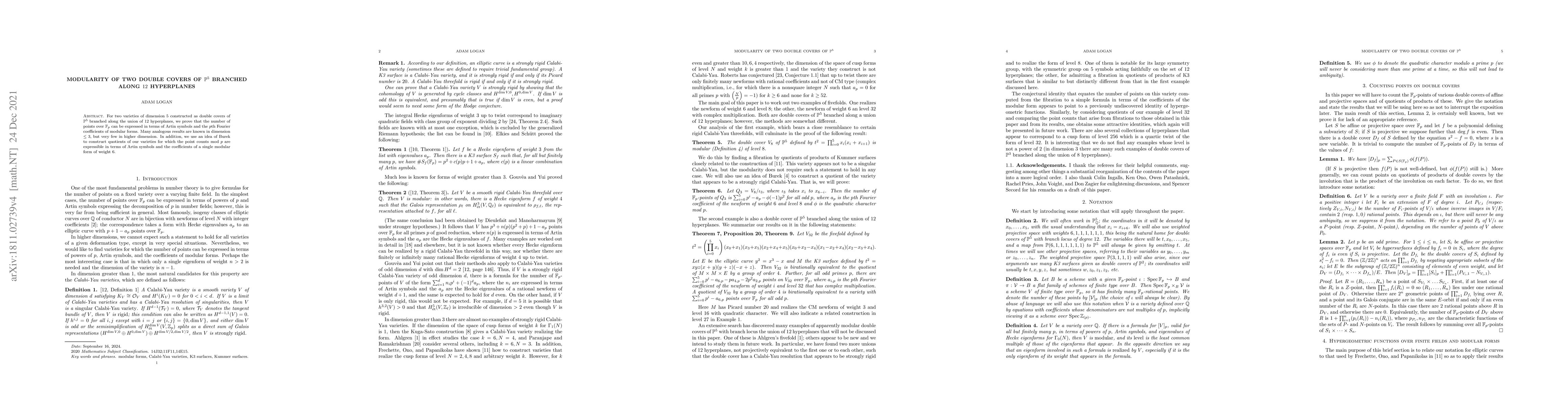 Thumbnail for Modularity of two double covers of ${\mathbb P}^5$ branched along $12$
  hyperplanes