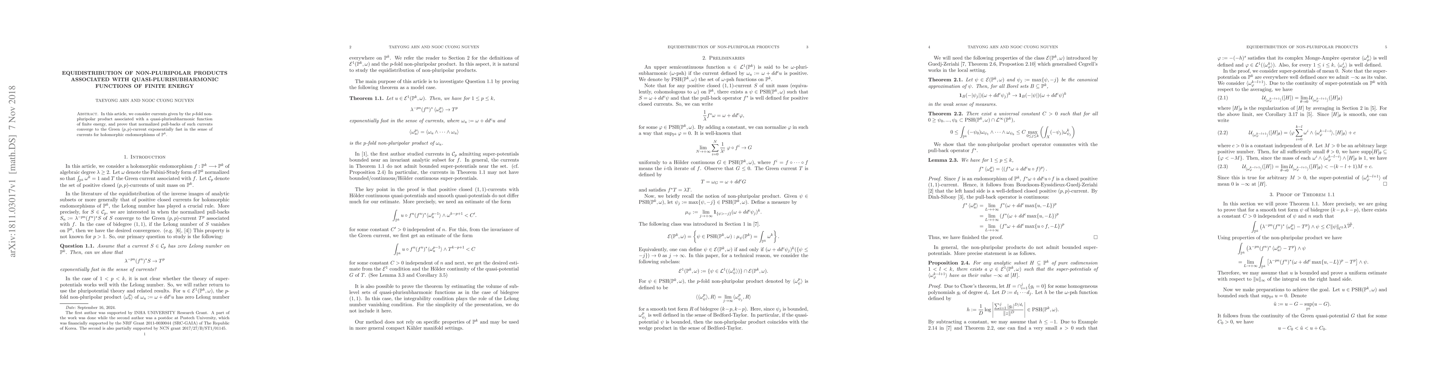 Thumbnail for Equidistribution of non-pluripolar products associated with
  quasi-plurisubharmonic functions of finite energy