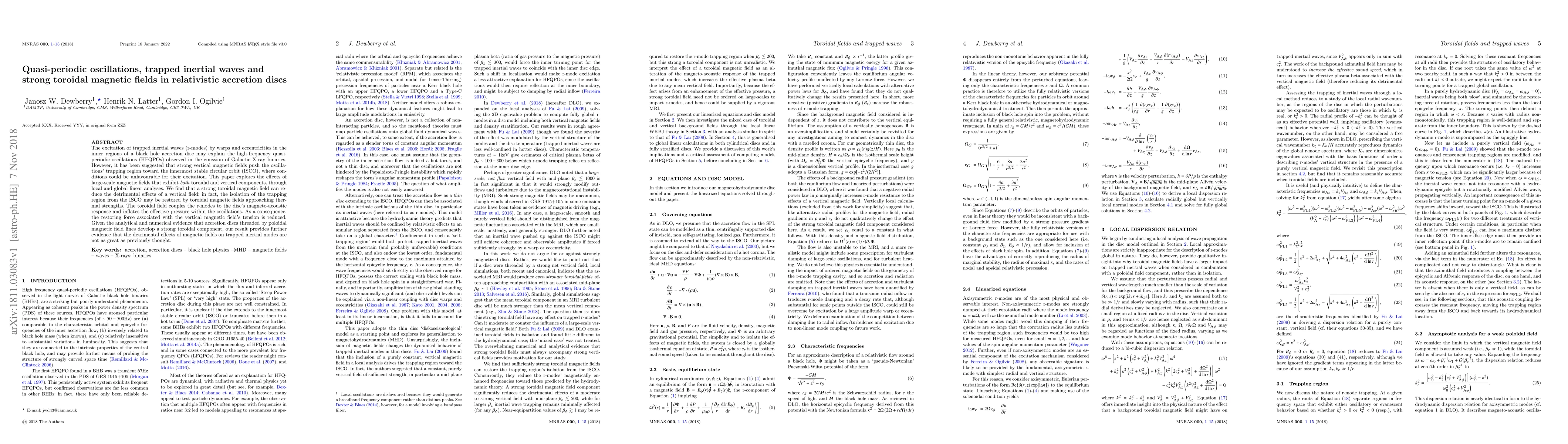 Thumbnail for Quasi-periodic oscillations, trapped inertial waves and strong toroidal
  magnetic fields in relativistic accretion discs
