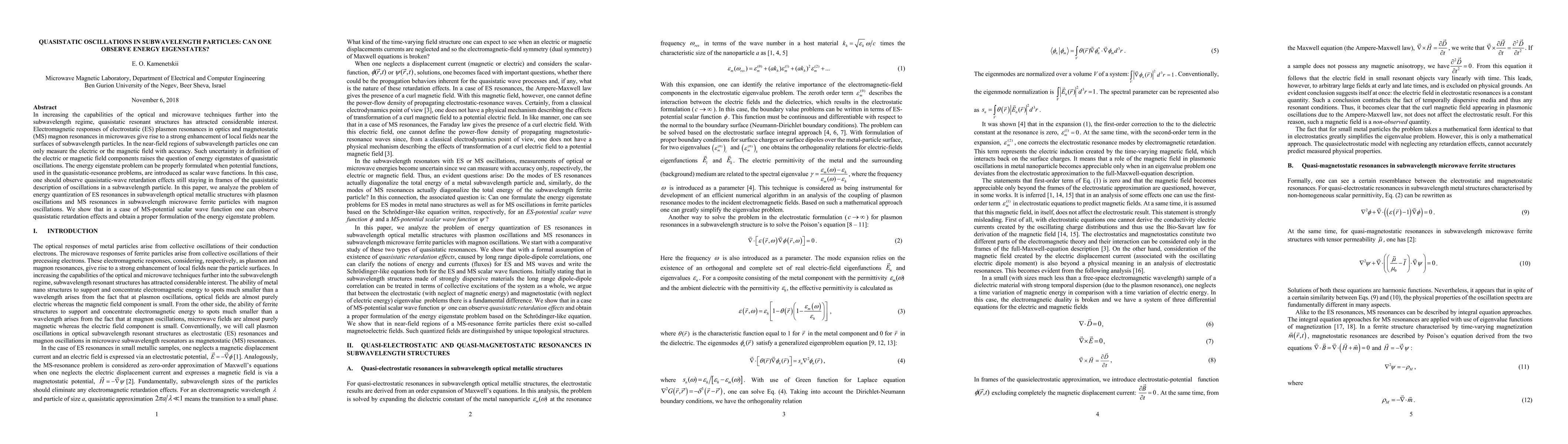 Thumbnail for Quasistatic oscillations in subwavelength particles: Can one observe
  energy eigenstates?