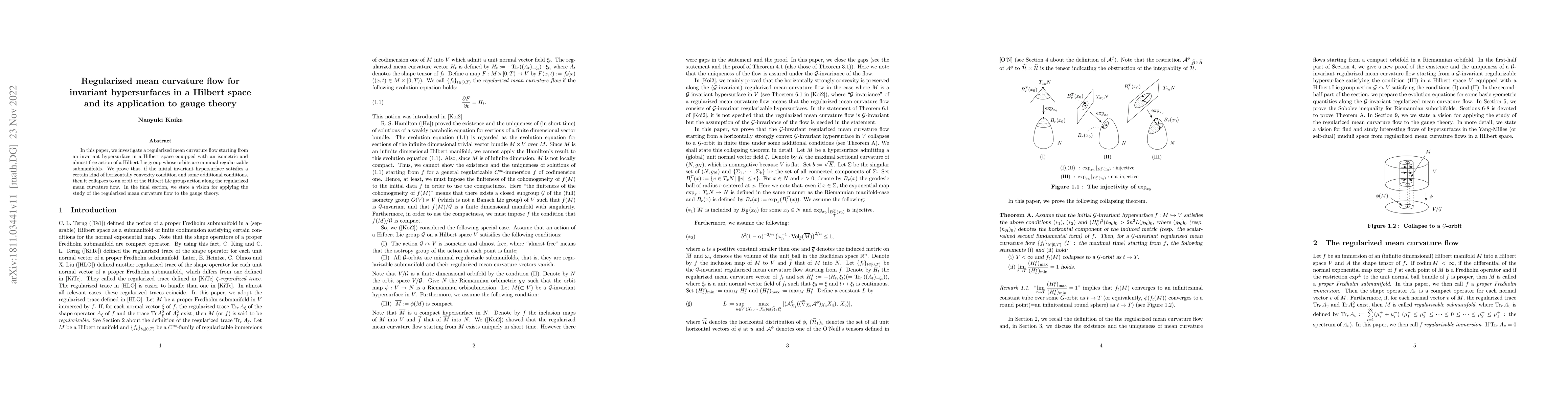 Thumbnail for Regularized mean curvature flow for invariant hypersurfaces in a Hilbert
  space and its application to gauge theory