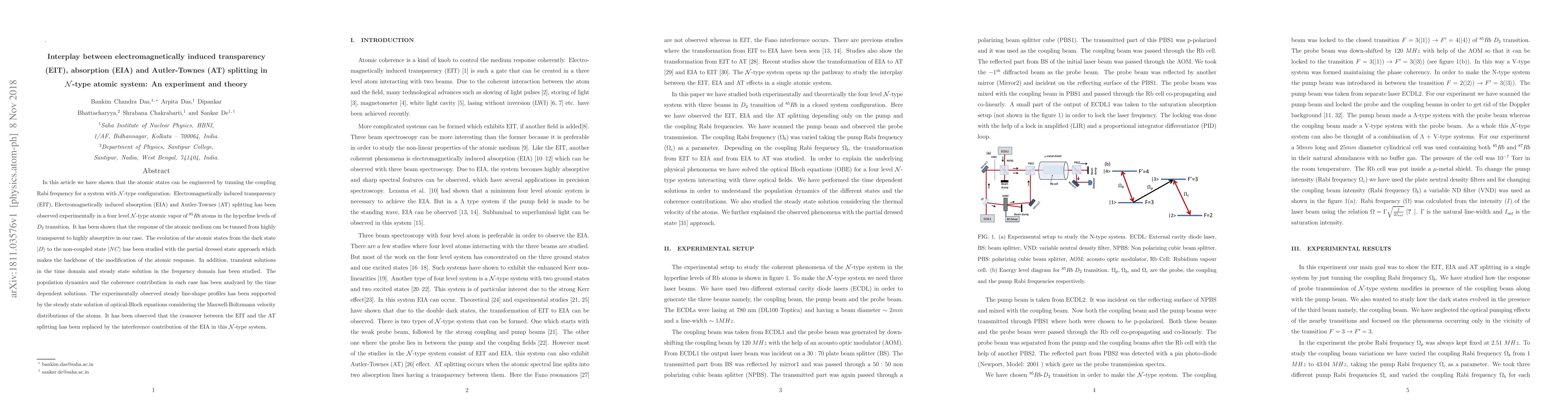 Thumbnail for Interplay between electromagnetically induced transparency(EIT),
  absorption (EIA) and Autler-Townes (AT) splitting in N-type atomic system: An
  experiment and theory
