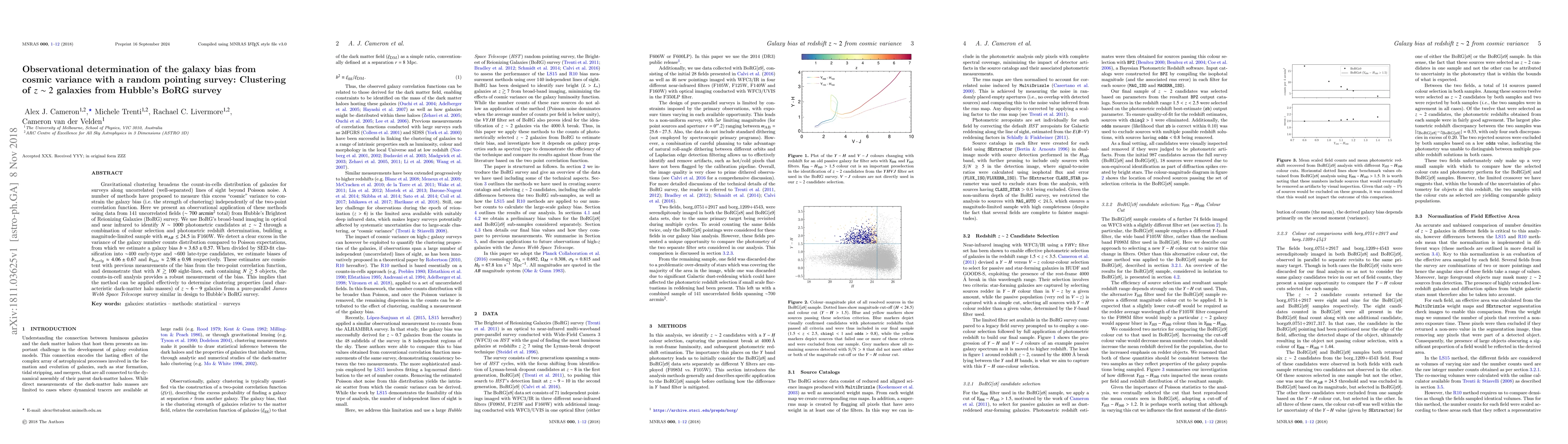 Thumbnail for Observational determination of the galaxy bias from cosmic variance with
  a random pointing survey: Clustering of z~2 galaxies from Hubble's BoRG
  survey
