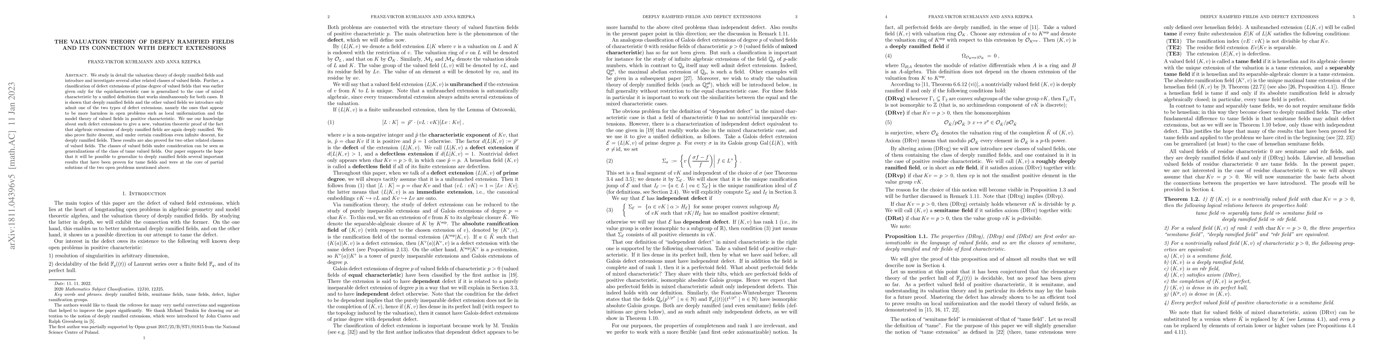 Thumbnail for The valuation theory of deeply ramified fields and its connection with
  defect extensions