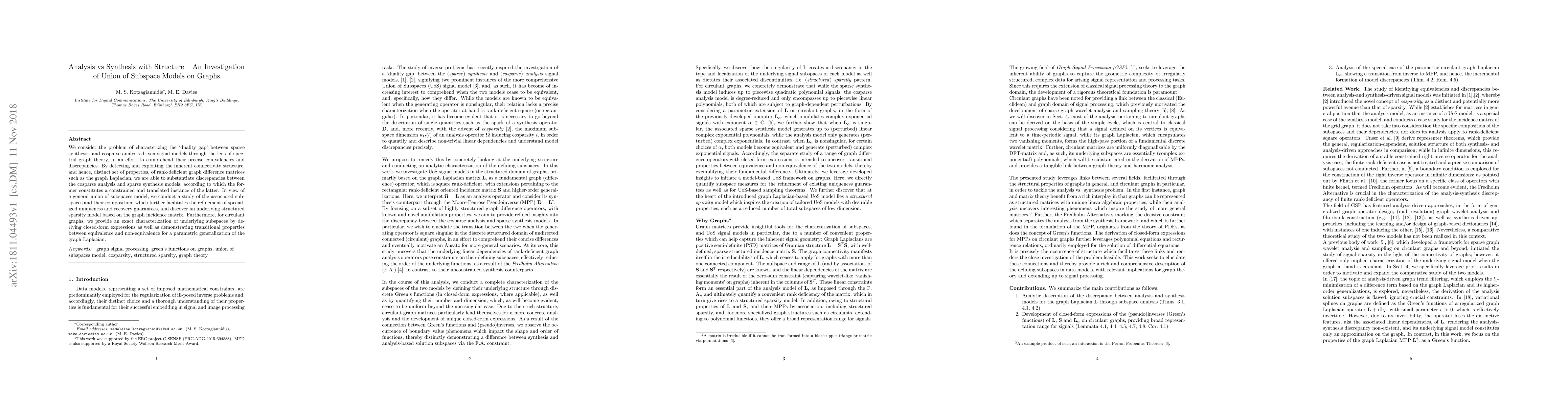 Thumbnail for Analysis vs Synthesis with Structure - An Investigation of Union of
  Subspace Models on Graphs