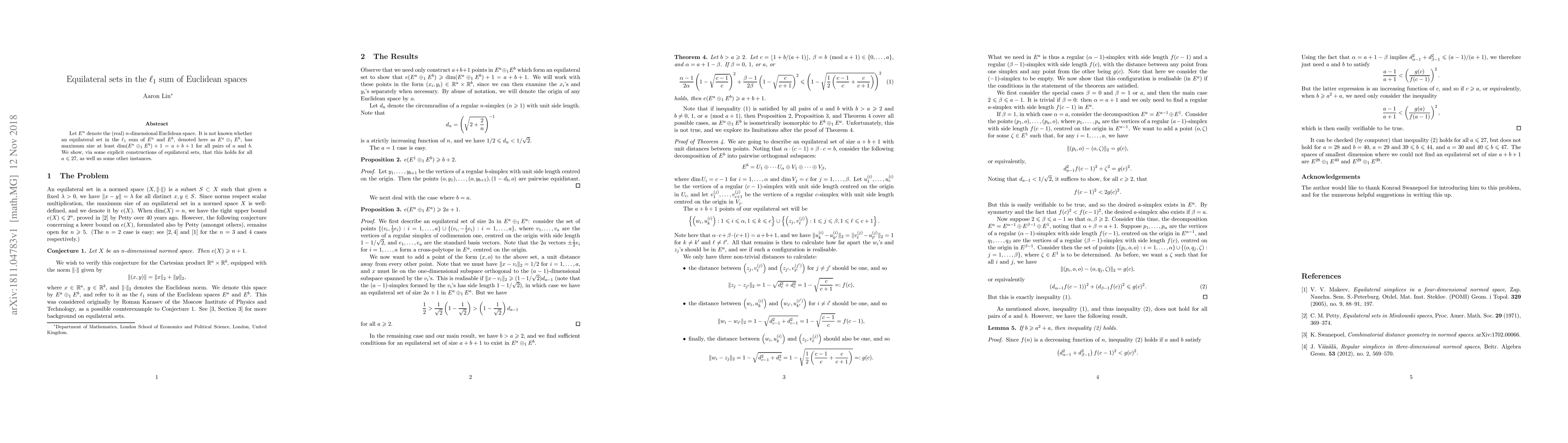 Thumbnail for Equilateral sets in the $\ell_1$ sum of Euclidean spaces