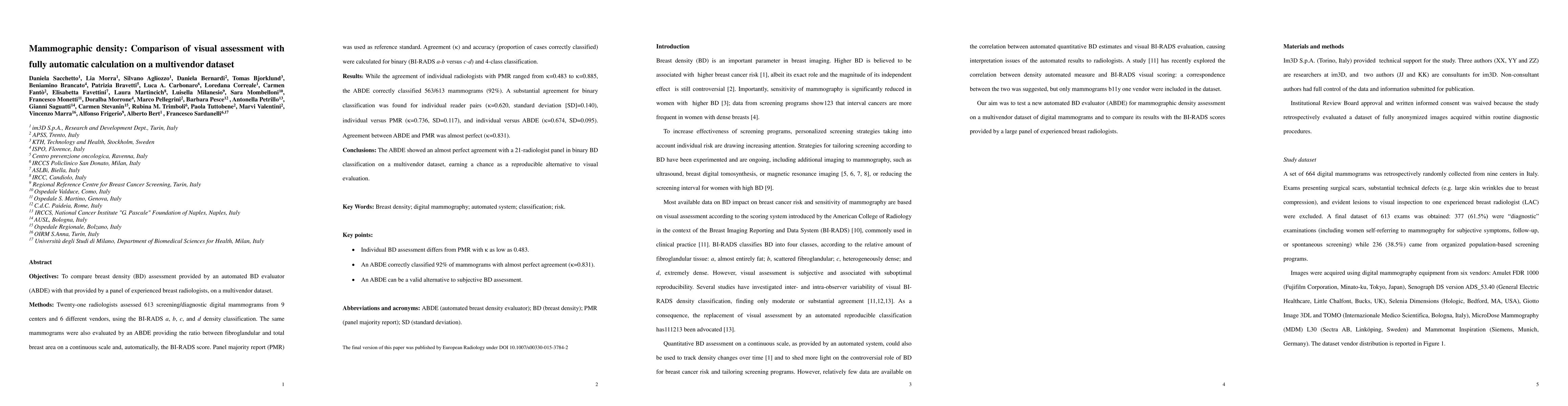 Thumbnail for Mammographic density: Comparison of visual assessment with fully
  automatic calculation on a multivendor dataset