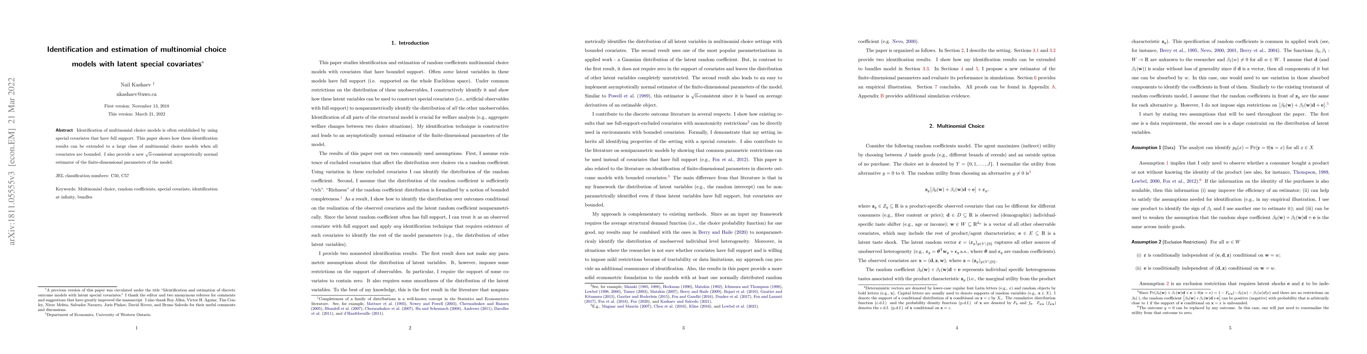 Thumbnail for Identification and estimation of multinomial choice models with latent
  special covariates