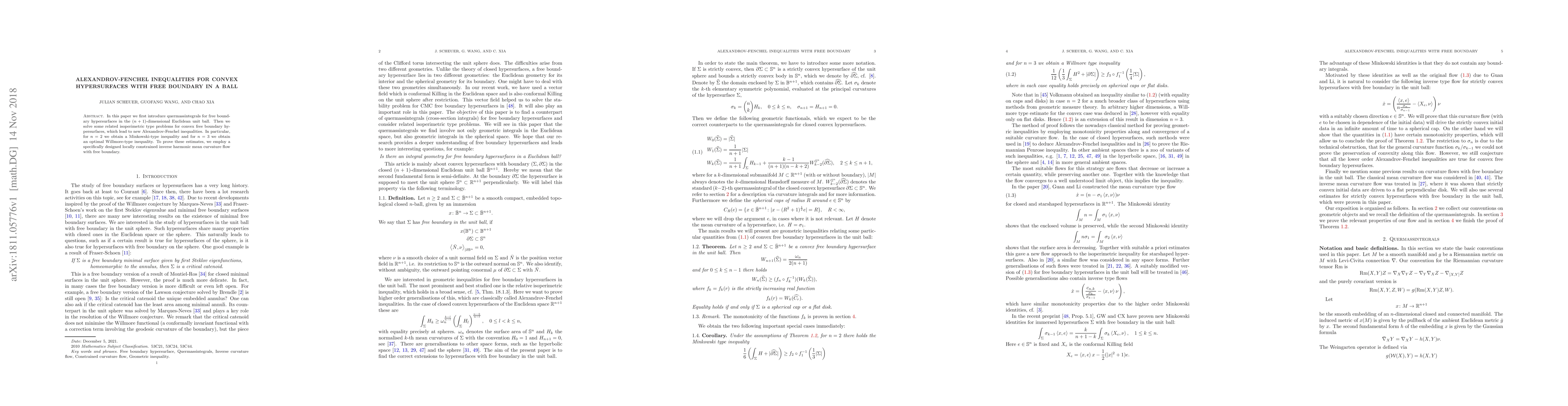 Thumbnail for Alexandrov-Fenchel inequalities for convex hypersurfaces with free
  boundary in a ball