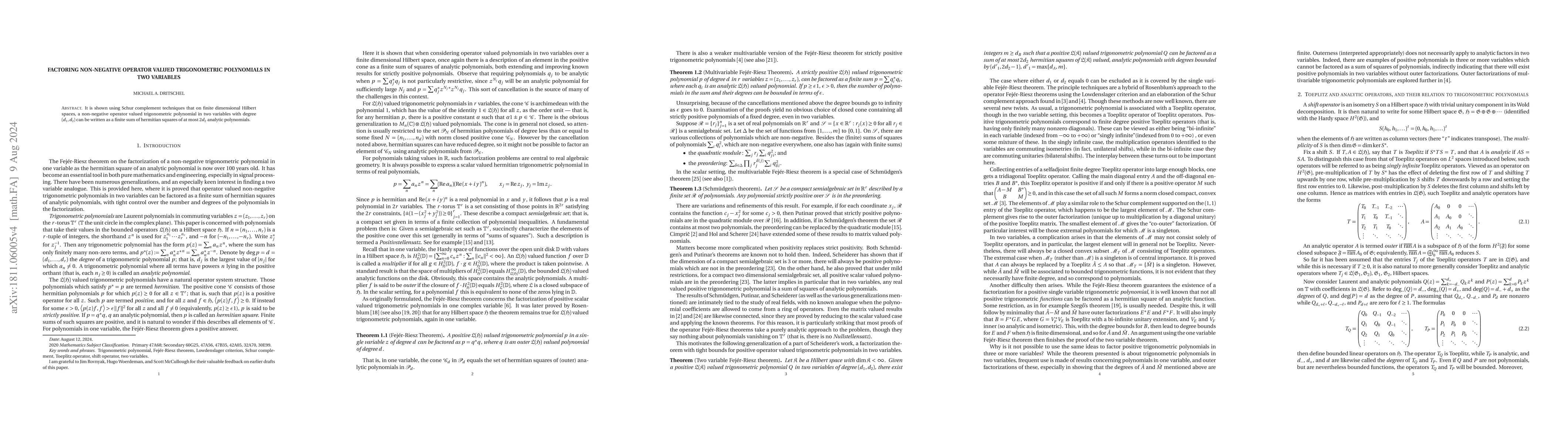 Thumbnail for Factoring Non-negative Operator Valued Trigonometric Polynomials in Two
  Variables