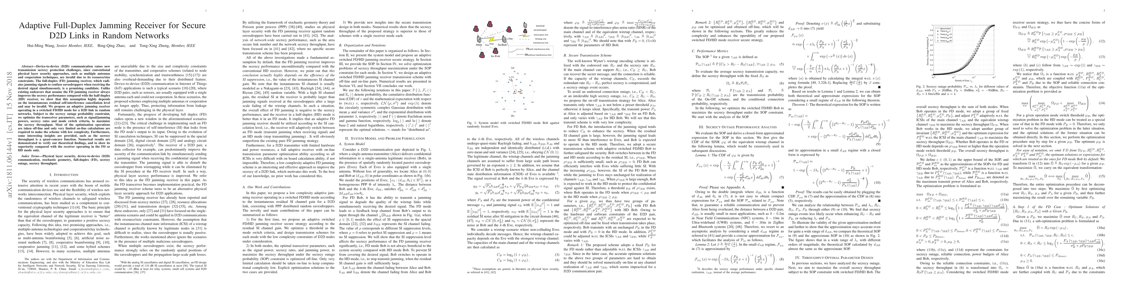 Thumbnail for Adaptive Full-Duplex Jamming Receiver for Secure D2D Links in Random
  Networks