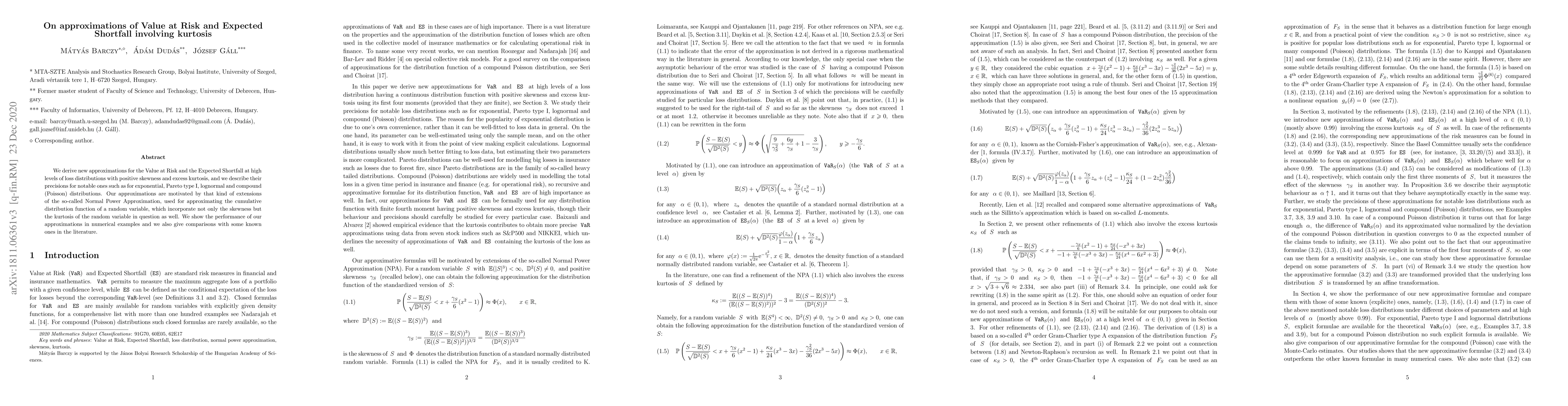 Thumbnail for On approximations of Value at Risk and Expected Shortfall involving
  kurtosis