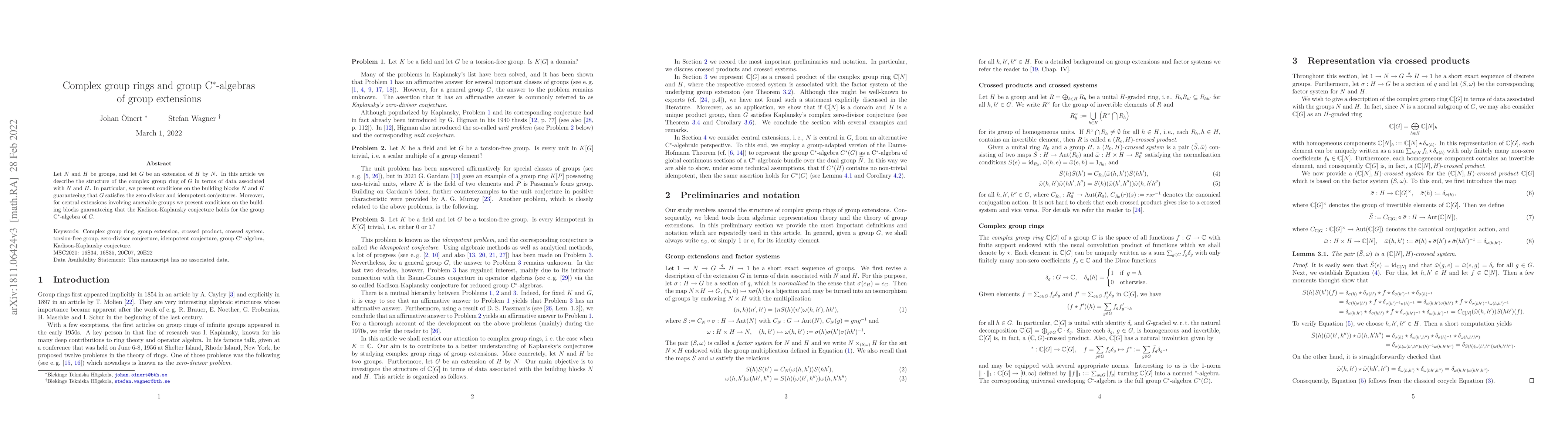 Thumbnail for Complex group rings and group C*-algebras of group extensions