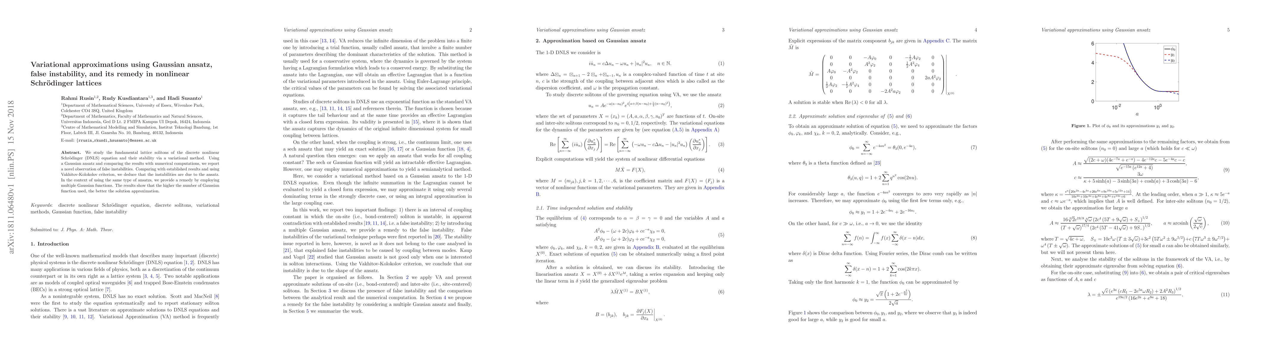 Thumbnail for Variational approximations using Gaussian ansatz, false instability, and
  its remedy in nonlinear Schr\"{o}dinger lattices