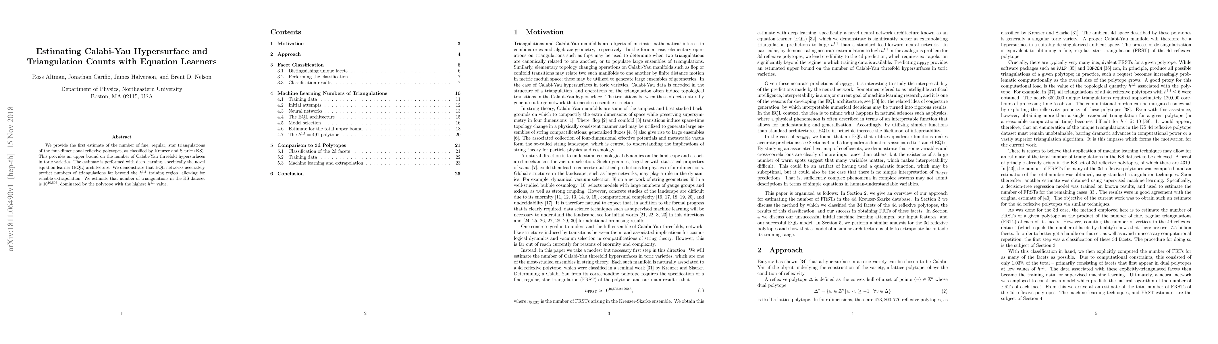Thumbnail for Estimating Calabi-Yau Hypersurface and Triangulation Counts with
  Equation Learners