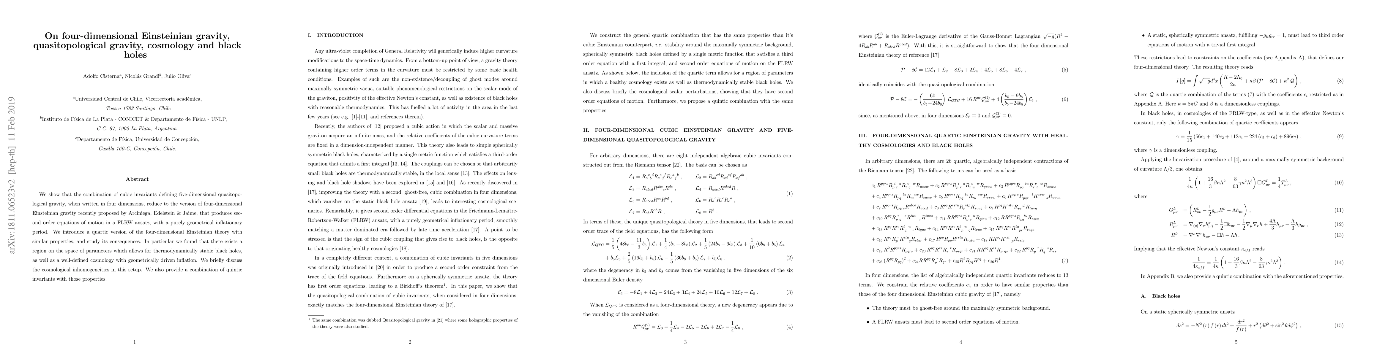 Thumbnail for On four-dimensional Einsteinian gravity, quasitopological gravity,
  cosmology and black holes