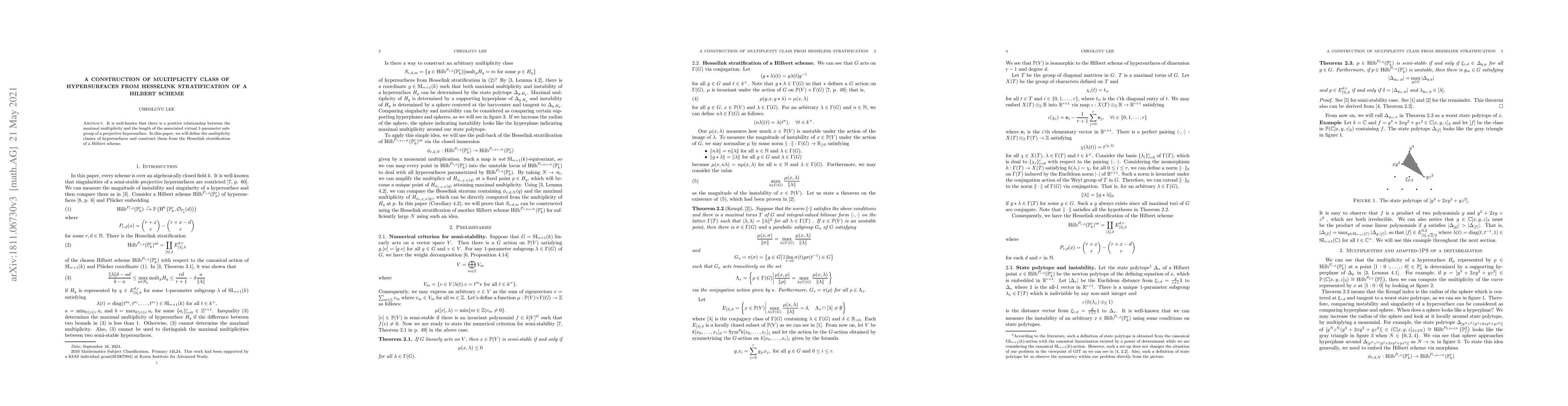 Thumbnail for A construction of multiplicity class of hypersurfaces from Hesselink
  stratification of a Hilbert scheme