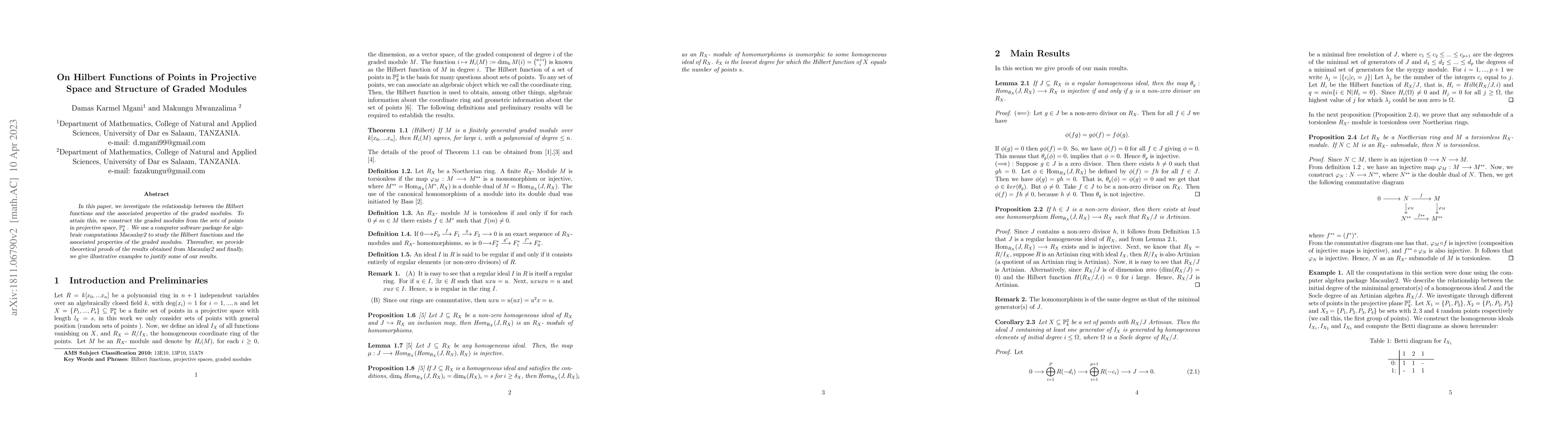 Thumbnail for On Hilbert Functions of Points in Projective Space and Structure of
  Graded Modules